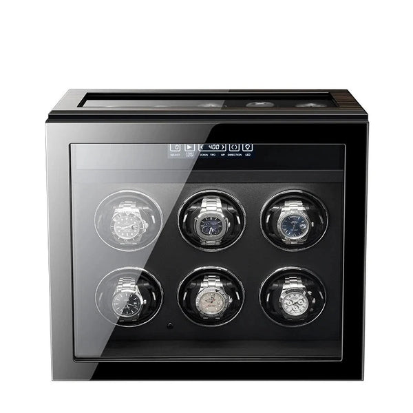 Vanguard 6+5 slots Luxury Wooden Watch Display Box featuring black ebony high-gloss finish, touch screen controls, and LED lighting, ideal for organizing and displaying luxury watches.