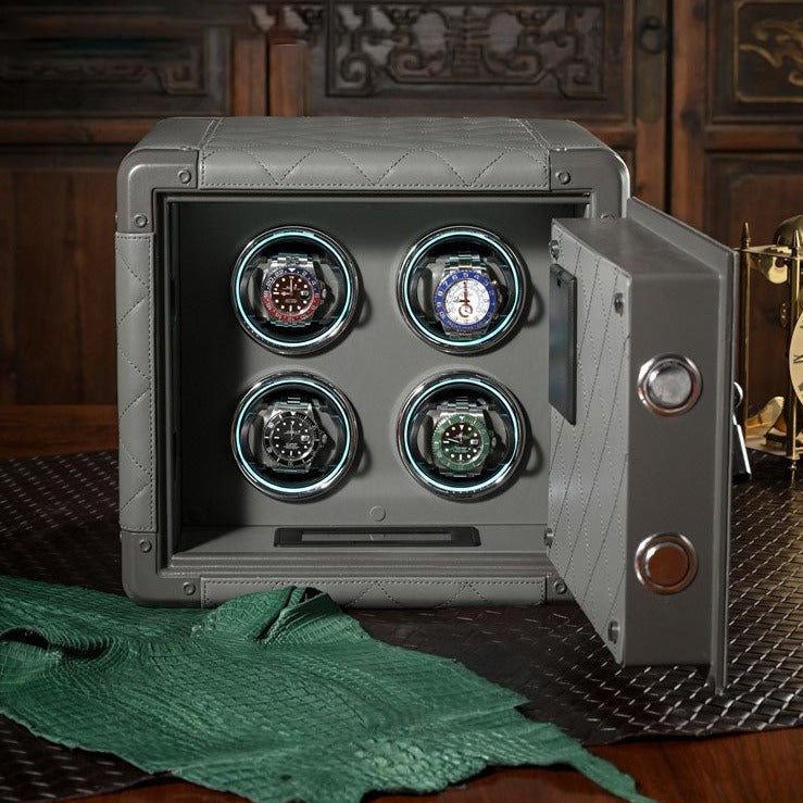 5-Star Rated Cube Watch Winder by Time Spinners - Luxury Watch Safe with Intelligent Touchscreen Control, Silent Japanese Mabuchi Rotors, Anti-Magnetization, 4 Slots, LED Lights, Crafted in High-Grade Leather and Steel