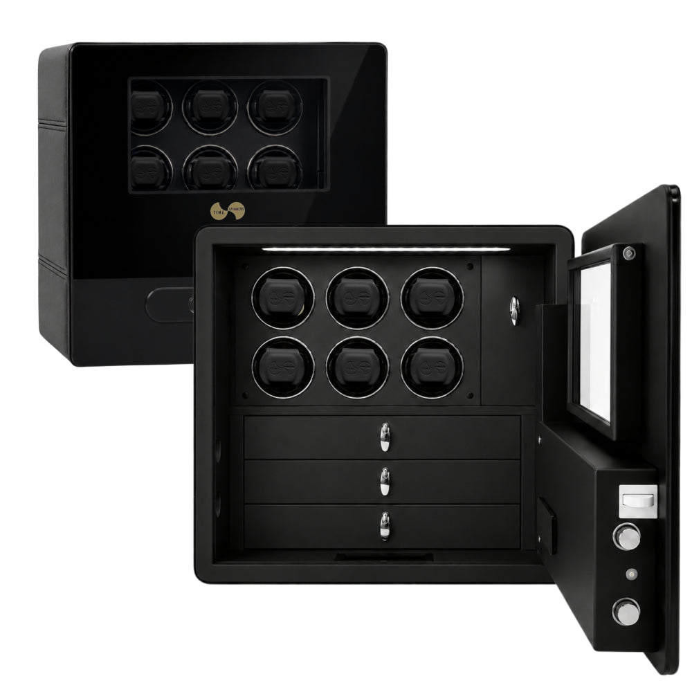 A black automatic watch winder shown in two views: one closed and one open, displaying six watch winder compartments, three drawers, and a digital control panel on the side.