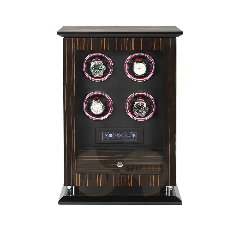 Time Spinners Chamberlain luxury automatic watch winder with fingerprint unlock, LED glow rings, touchscreen controls, and premium wood finish.