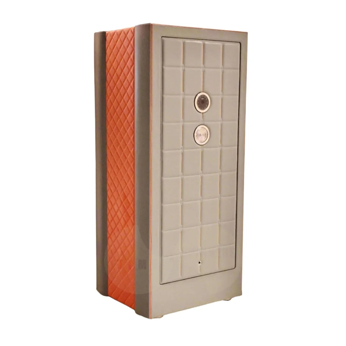 A tall safe with a light gray front door featuring a grid pattern and two round lock/dial details, with a textured orange side panel and gray side frames, shown on a plain white background.