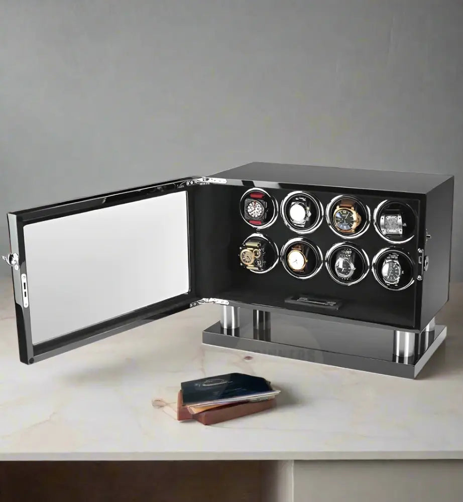 Elevate your watch collection with the EightX - Exquisite 8-Slot Watch Winder from Time Spinners. Designed with luxury and functionality in mind, this premium watch winder offers a perfect solution for keeping your automatic watches in pristine condition. With its high-quality Mabuchi motor, LCD touch screen, and smart remote control, the EightX is as stylish as it is effective, making it an essential addition to any watch enthusiast’s collection.