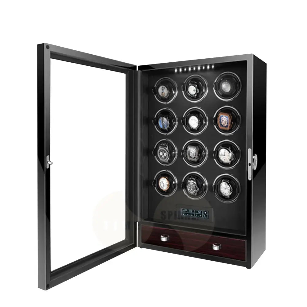 Evoque automatic watch winder with remote control, secure fingerprint lock, and extra storage