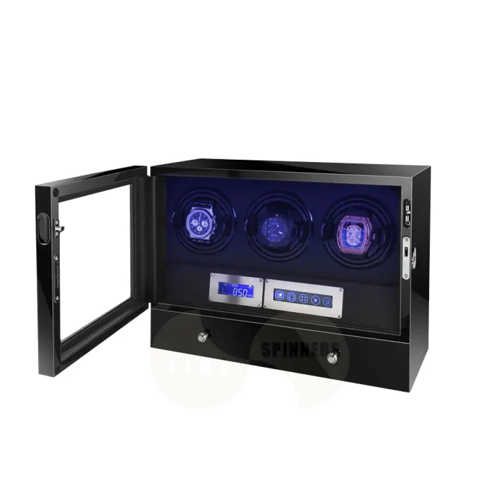 Helix Watch Winder in high-gloss piano black finish with LED display and ultra-quiet Mabuchi motor for automatic watches