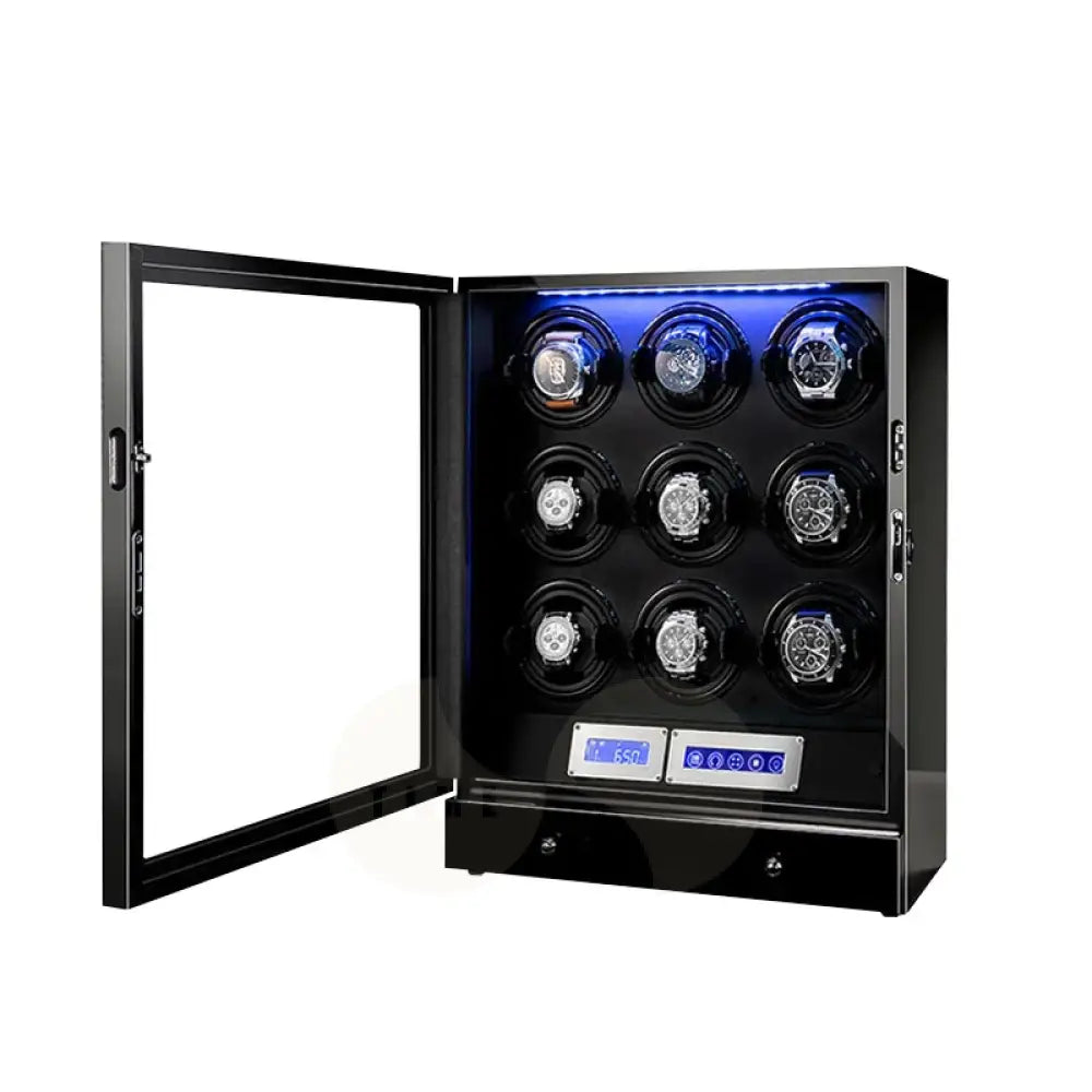 Helix Watch Winder in high-gloss piano black finish with LED display and ultra-quiet Mabuchi motor for automatic watches