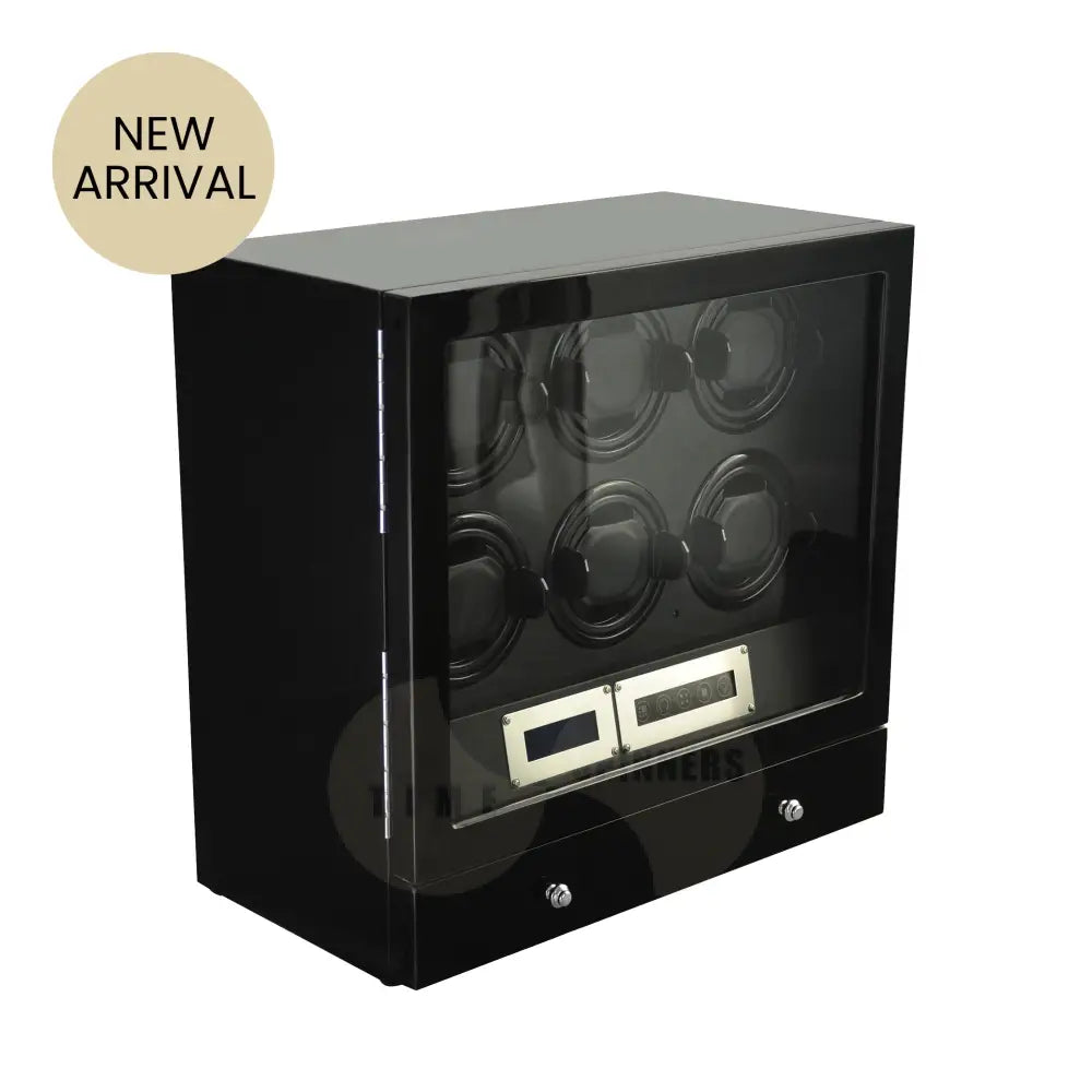 Time Spinners Helix 6-slot luxury watch winder front view with LED display, magnetic locking door, and piano black finish