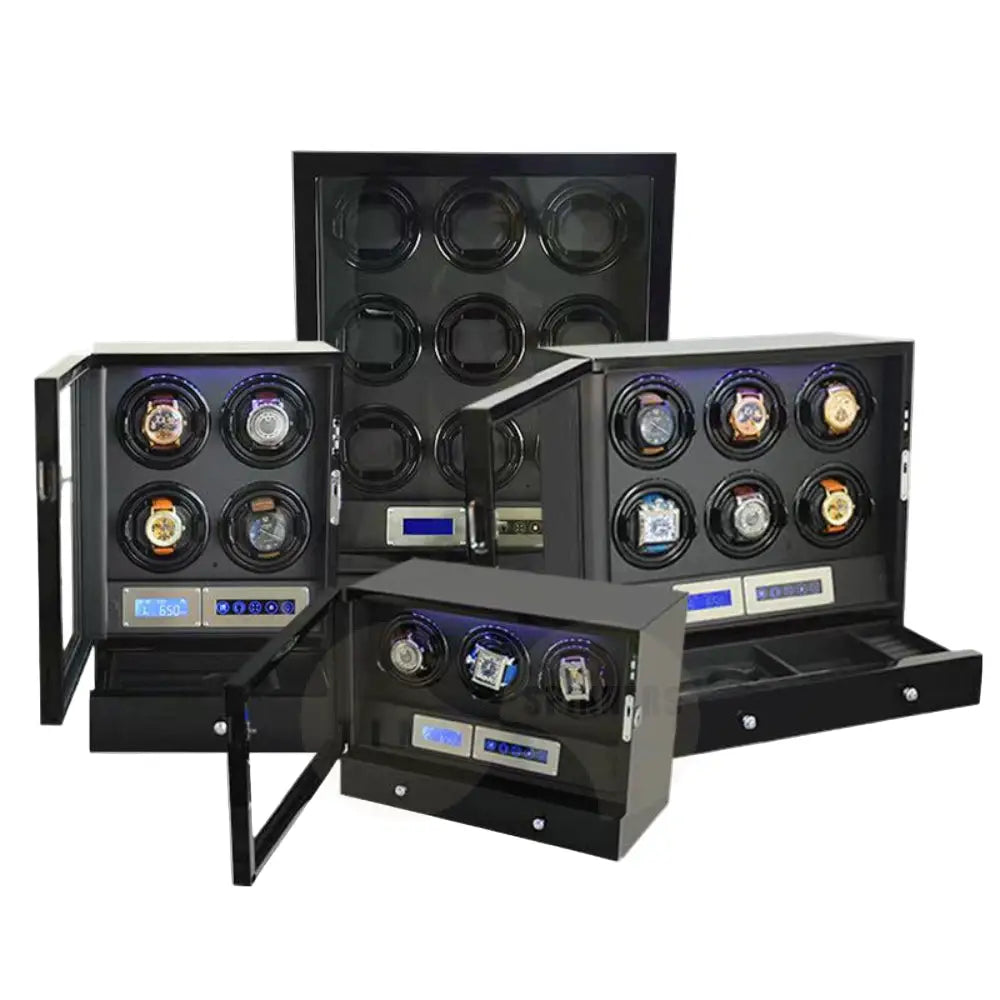 Helix Watch Winder in high-gloss piano black finish with LED display and ultra-quiet Mabuchi motor for automatic watches