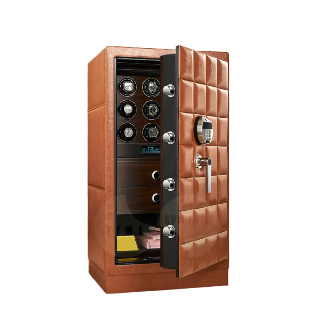 Time Spinners Heritage Watch Winder Safe – luxury steel storage with leather finish, fingerprint access, silent rotors, and secure space for automatic watches. 9 slots.