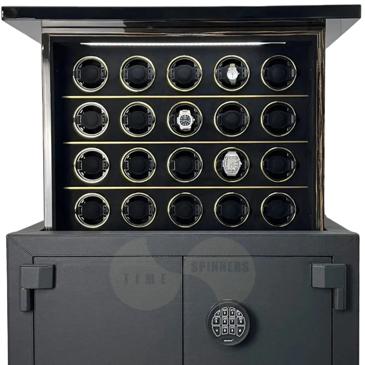 High-end automatic watch winder safe with motorized elevation and secure locking system