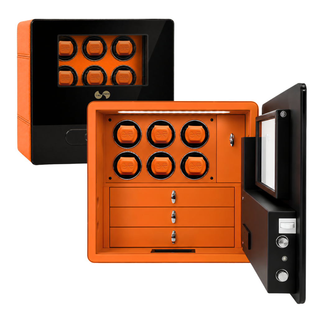 An orange and black wall-mounted watch box system shown in two views: one closed and one open, revealing six watch cushion slots, three drawers with keys, and a control panel with a screen on a white background.