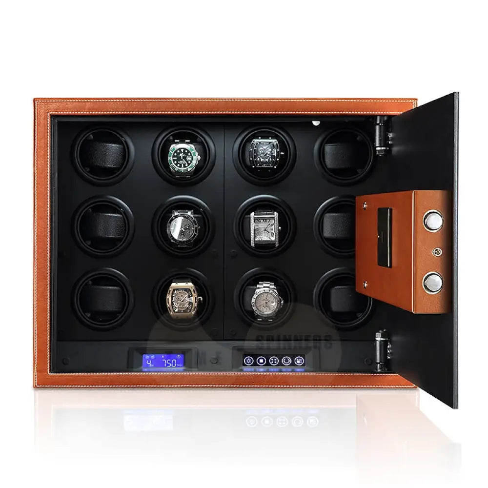 Time Spinners Prestige Secure Watch Winder Safe Box with microfiber leather exterior, silent operation below 10dB, anti-magnetization technology, and Japanese Mabuchi rotors. Features intelligent touchscreen panel, reinforced lock bolts, LED lighting, and multiple winding modes for precision and secure watch storage.
