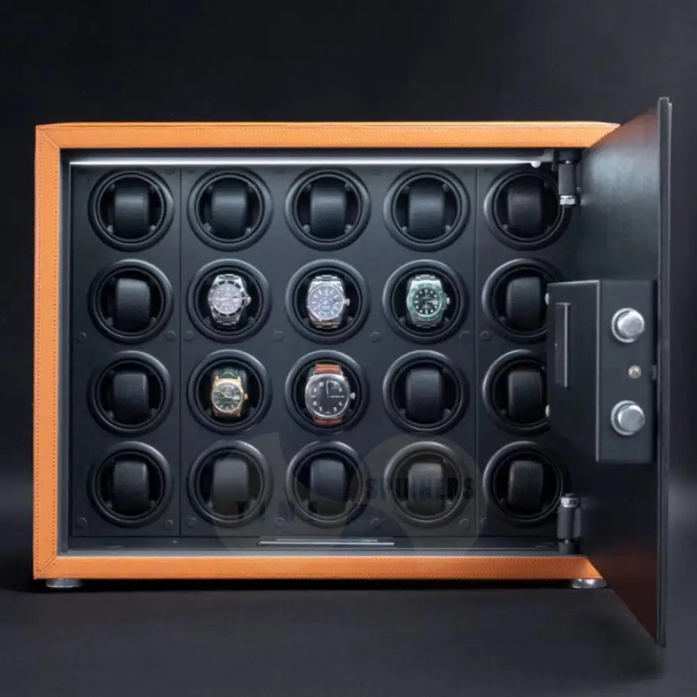 Time Spinners Prestige Secure Watch Winder Safe Box with microfiber leather exterior, silent operation below 10dB, anti-magnetization technology, and Japanese Mabuchi rotors. Features intelligent touchscreen panel, reinforced lock bolts, LED lighting, and multiple winding modes for precision and secure watch storage.