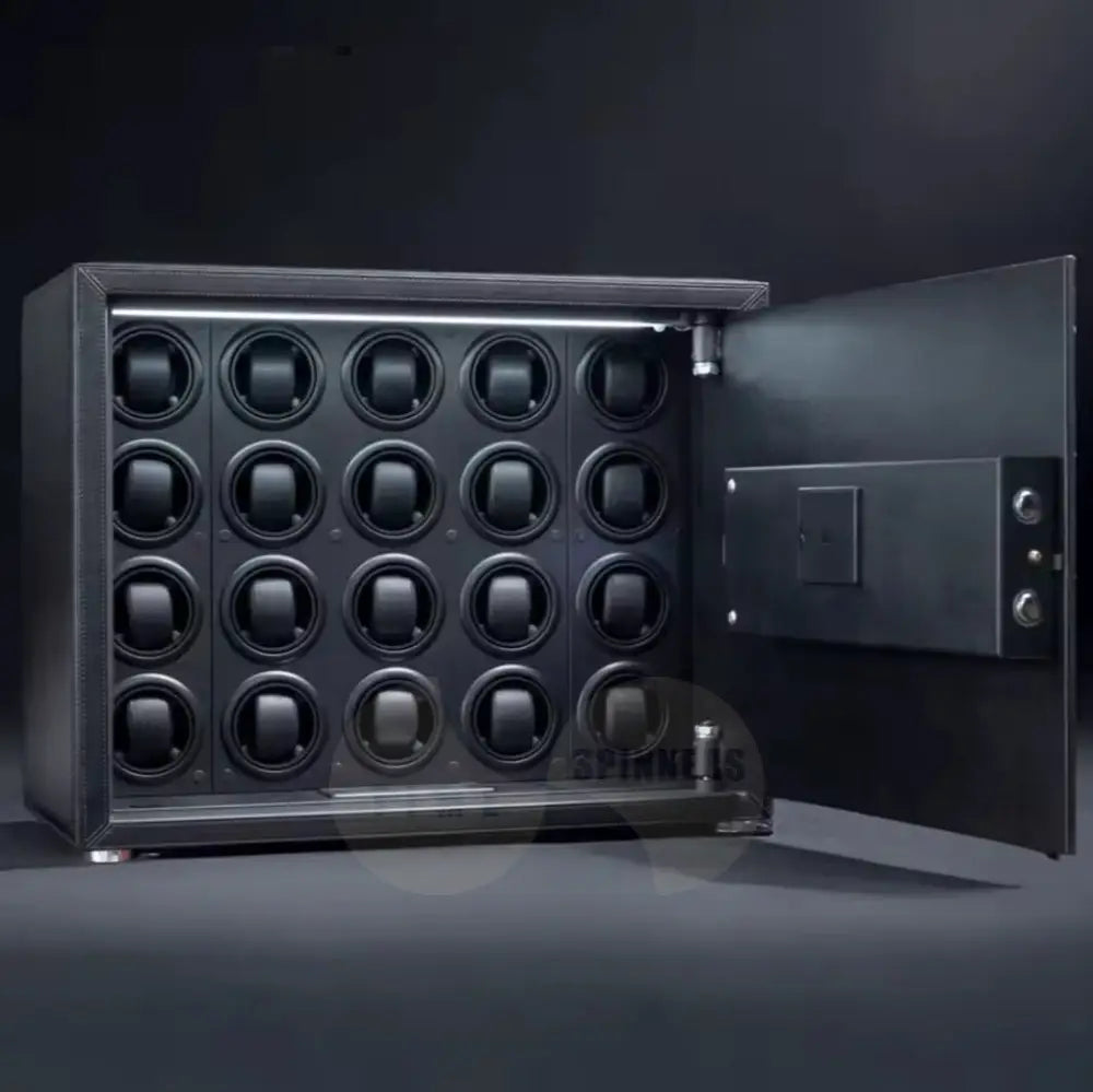 Time Spinners Prestige Secure Watch Winder Safe Box with microfiber leather exterior, silent operation below 10dB, anti-magnetization technology, and Japanese Mabuchi rotors. Features intelligent touchscreen panel, reinforced lock bolts, LED lighting, and multiple winding modes for precision and secure watch storage.