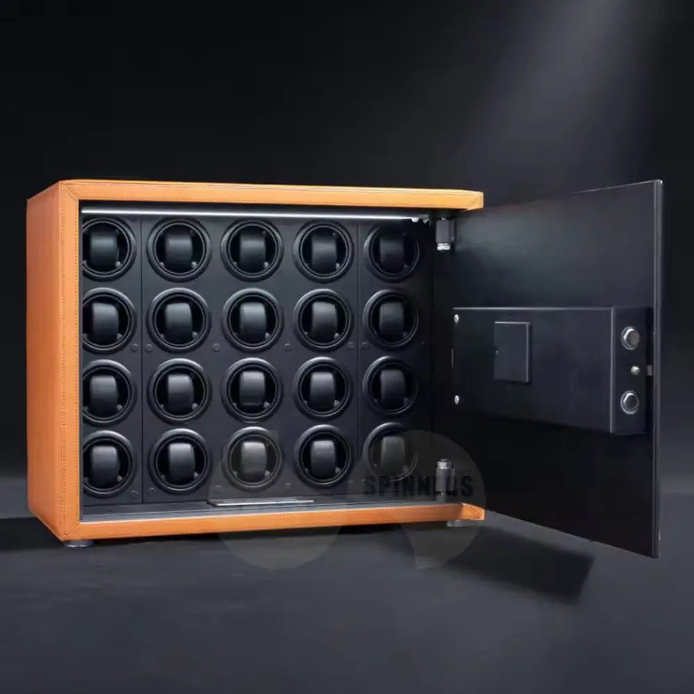 Time Spinners Prestige Secure Watch Winder Safe Box with microfiber leather exterior, silent operation below 10dB, anti-magnetization technology, and Japanese Mabuchi rotors. Features intelligent touchscreen panel, reinforced lock bolts, LED lighting, and multiple winding modes for precision and secure watch storage.