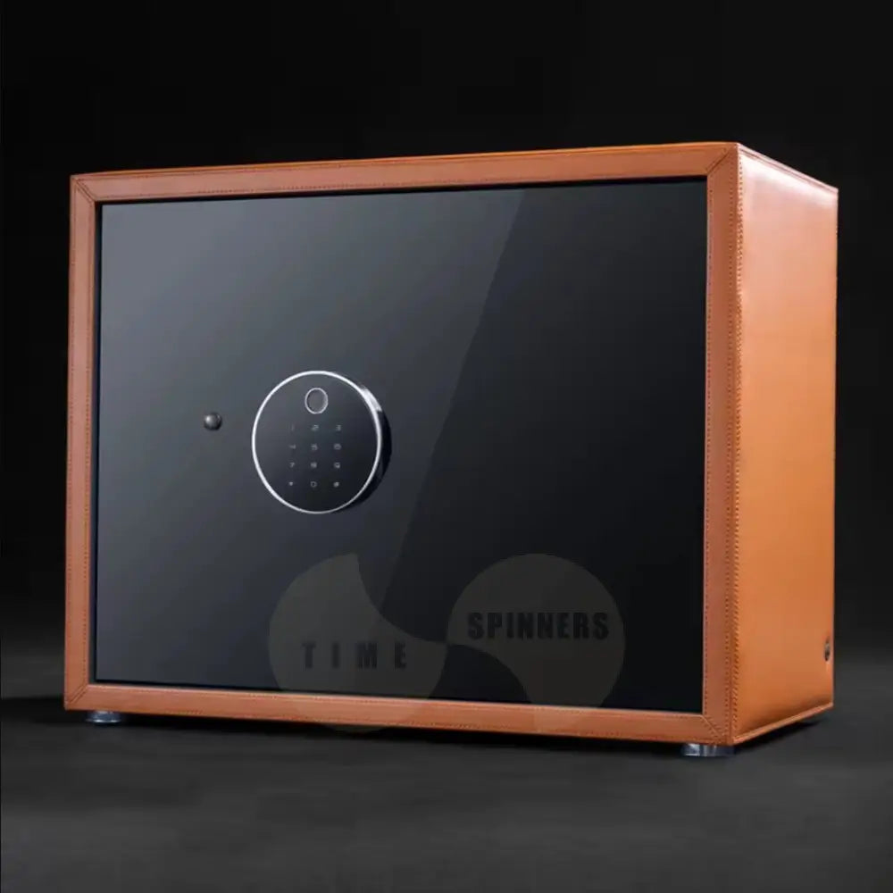 Time Spinners Prestige Secure Watch Winder Safe Box with microfiber leather exterior, silent operation below 10dB, anti-magnetization technology, and Japanese Mabuchi rotors. Features intelligent touchscreen panel, reinforced lock bolts, LED lighting, and multiple winding modes for precision and secure watch storage.