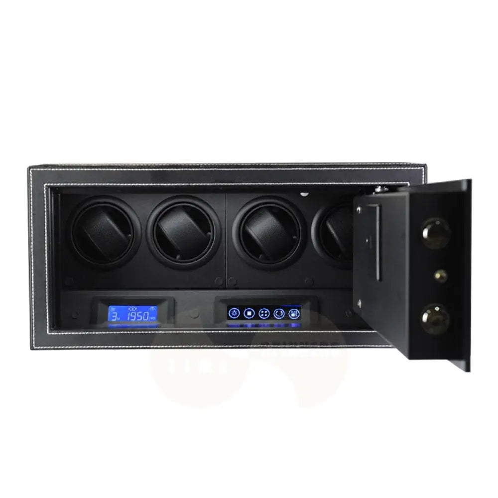 Time Spinners Prestige Secure Watch Winder Safe Box with microfiber leather exterior, silent operation below 10dB, anti-magnetization technology, and Japanese Mabuchi rotors. Features intelligent touchscreen panel, reinforced lock bolts, LED lighting, and multiple winding modes for precision and secure watch storage.