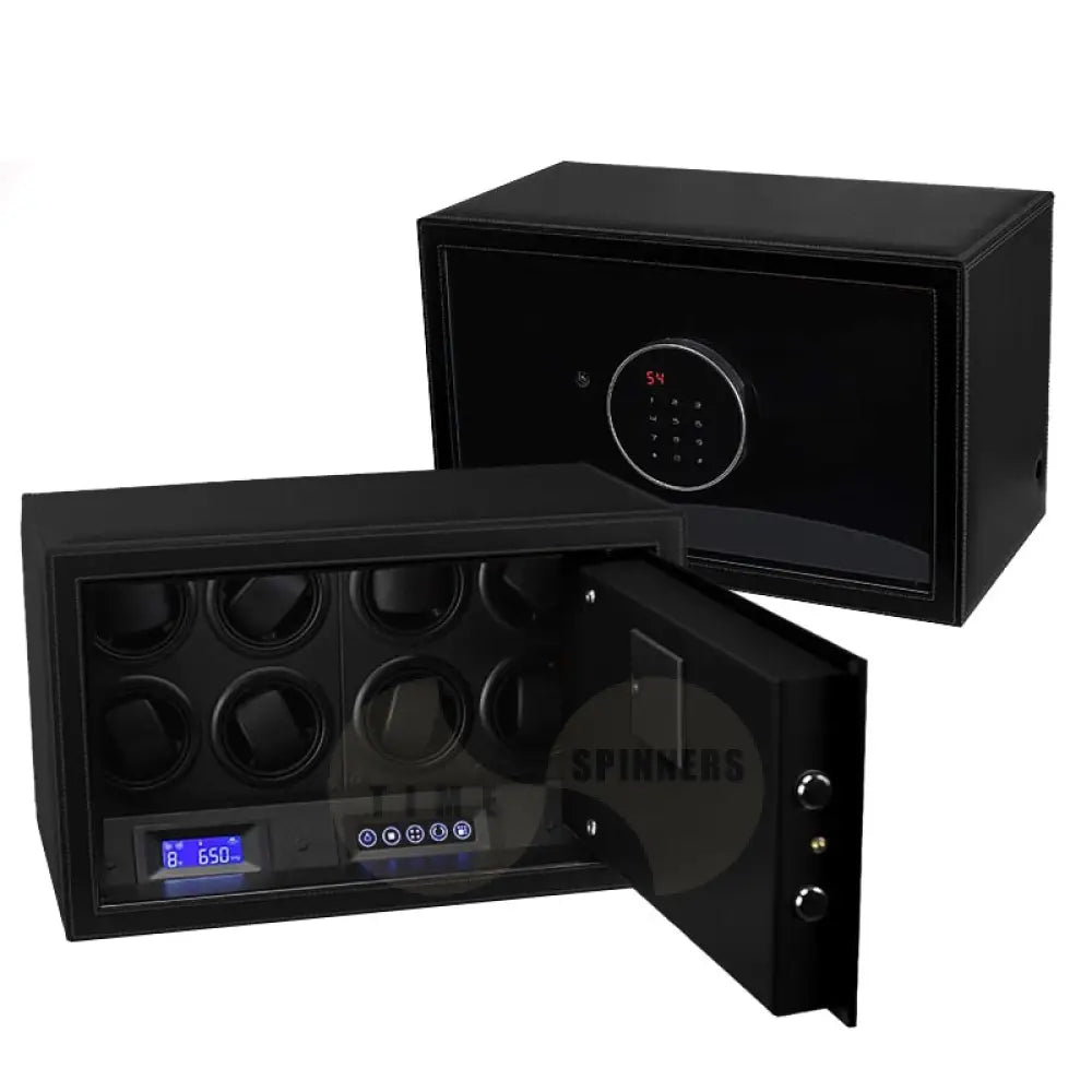 Time Spinners Prestige Secure Watch Winder Safe Box with microfiber leather exterior, silent operation below 10dB, anti-magnetization technology, and Japanese Mabuchi rotors. Features intelligent touchscreen panel, reinforced lock bolts, LED lighting, and multiple winding modes for precision and secure watch storage.