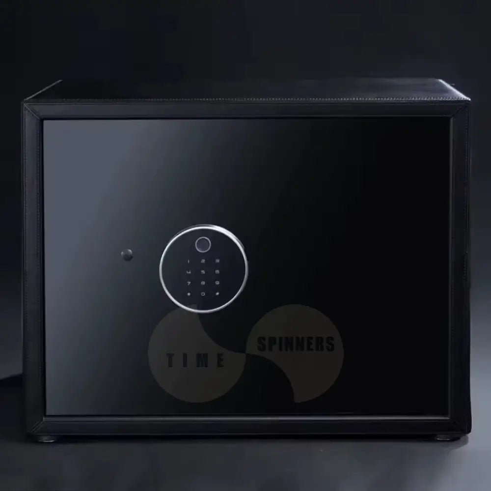 Time Spinners Prestige Secure Watch Winder Safe Box with microfiber leather exterior, silent operation below 10dB, anti-magnetization technology, and Japanese Mabuchi rotors. Features intelligent touchscreen panel, reinforced lock bolts, LED lighting, and multiple winding modes for precision and secure watch storage.