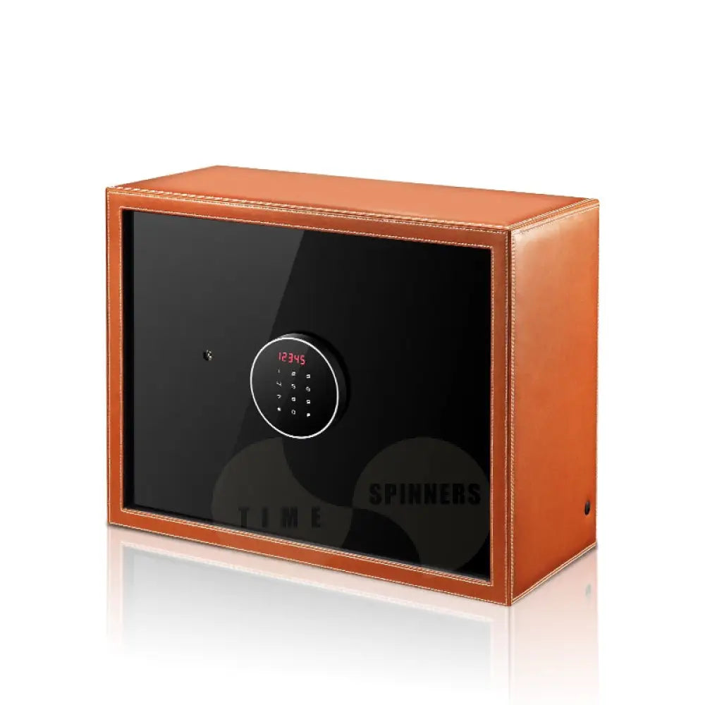 Time Spinners Prestige Secure Watch Winder Safe Box with microfiber leather exterior, silent operation below 10dB, anti-magnetization technology, and Japanese Mabuchi rotors. Features intelligent touchscreen panel, reinforced lock bolts, LED lighting, and multiple winding modes for precision and secure watch storage.