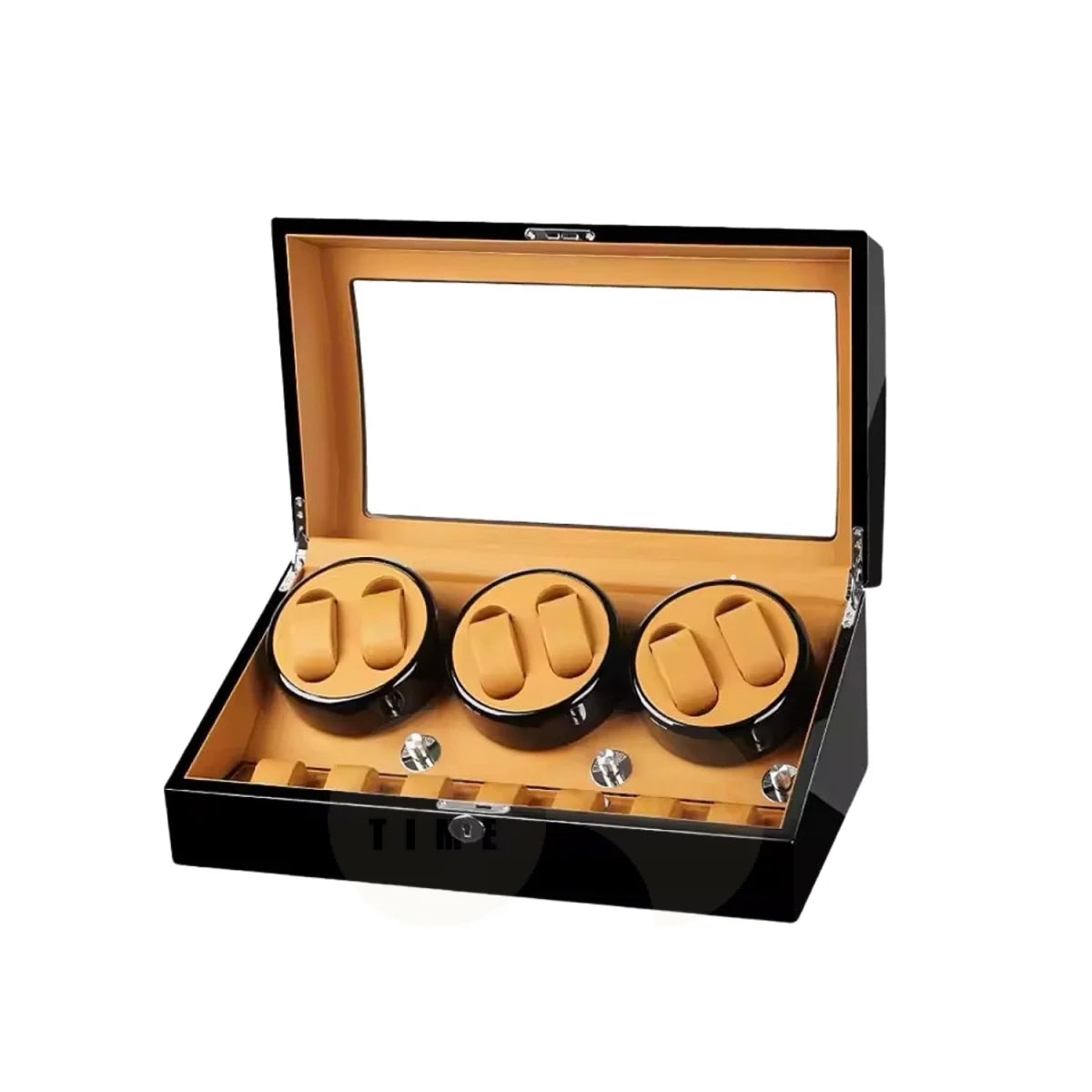 A luxury black lacquered watch winder box with a clear glass lid, shown open to reveal three rotating watch cushions with tan velvet lining and silver metal accents.