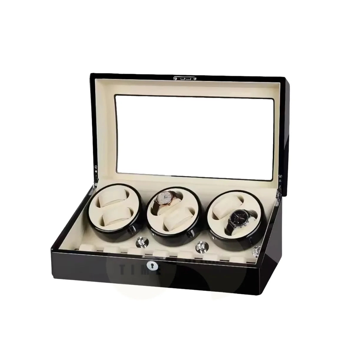 A luxury watch winder box with a glossy black exterior and a cream-colored interior, shown open to reveal three rotating watch winders holding three watches. The watch box has a clear glass window on the lid and a silver lock on the front.