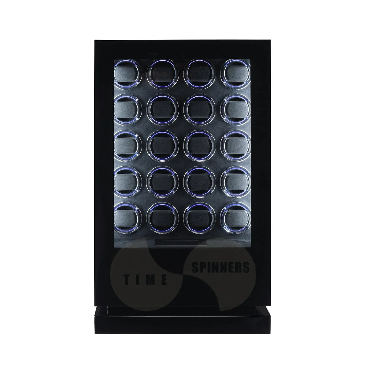 Time Spinners Sovereign 20-slot automatic watch winder cabinet, black microfiber interior and blue LED glow rings