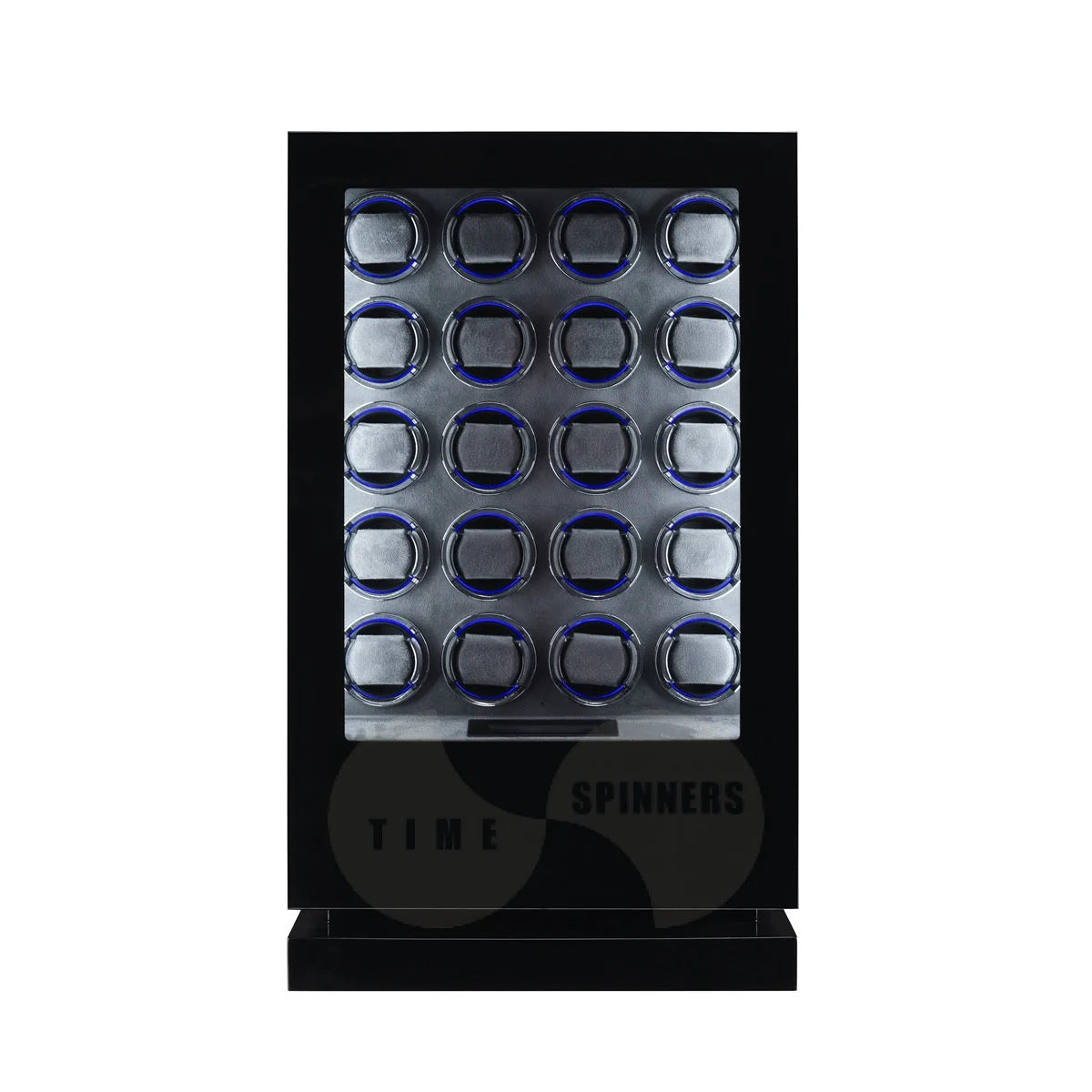 Time Spinners Sovereign 20-slot automatic watch winder cabinet, grey microfiber interior and blue LED glow rings
