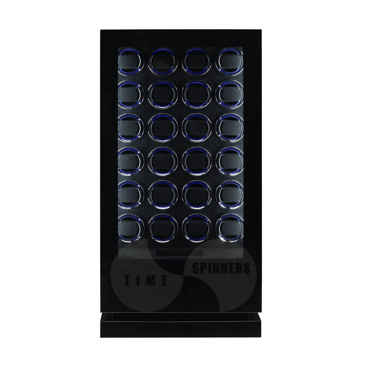 Time Spinners Sovereign 24-slot automatic watch winder cabinet with black microfiber interior and LCD touch screen