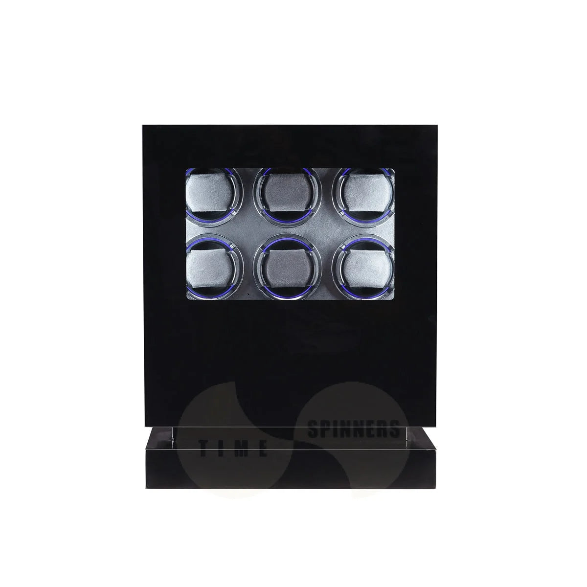 Time Spinners Sovereign 6-slot automatic watch winder cabinet with grey microfiber interior and LED glow watch rings