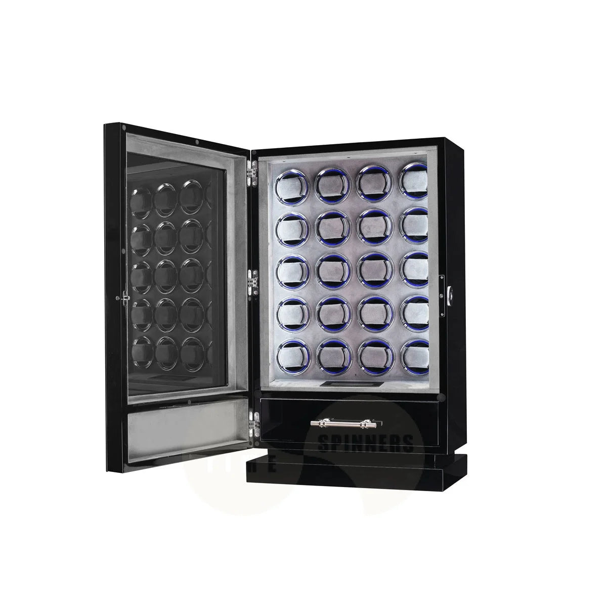 Sovereign automatic watch winder cabinet with the tempered glass door open, revealing winder slots and microfiber interior