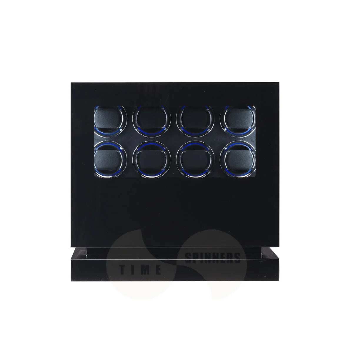 Time Spinners Sovereign 8-slot automatic watch winder cabinet, black microfiber interior and blue LED glow rings