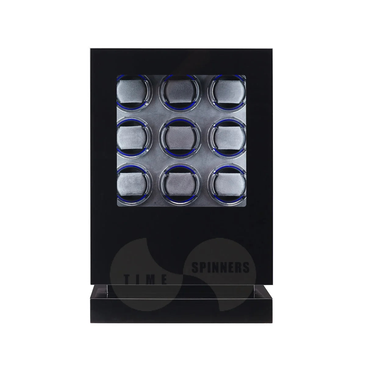 Time Spinners Sovereign 9-slot automatic watch winder cabinet with grey microfiber interior and fingerprint lock