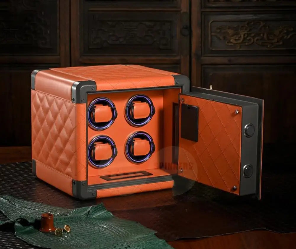 5-Star Rated Cube Watch Winder by Time Spinners - Luxury Watch Safe with Intelligent Touchscreen Control, Silent Japanese Mabuchi Rotors, Anti-Magnetization, 4 Slots, LED Lights, Crafted in High-Grade Leather and Steel