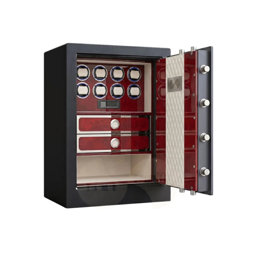 Titan Compact watch winder safe in Bordeaux Burl finish — 85 cm, 190 kg, Grade III certified luxury watch safe