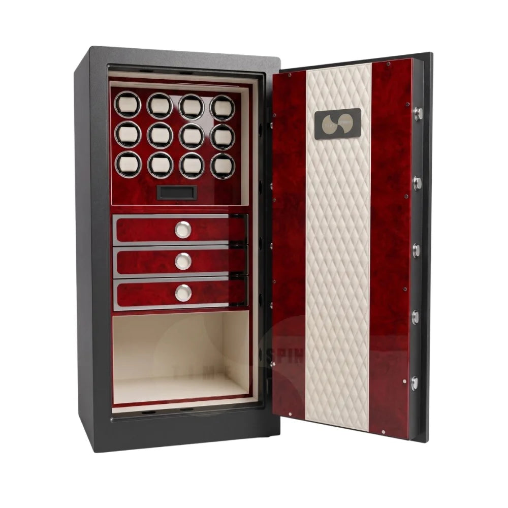 Titan Grande watch winder safe in Bordeaux Burl finish — premium watch winder safe for growing watch collections