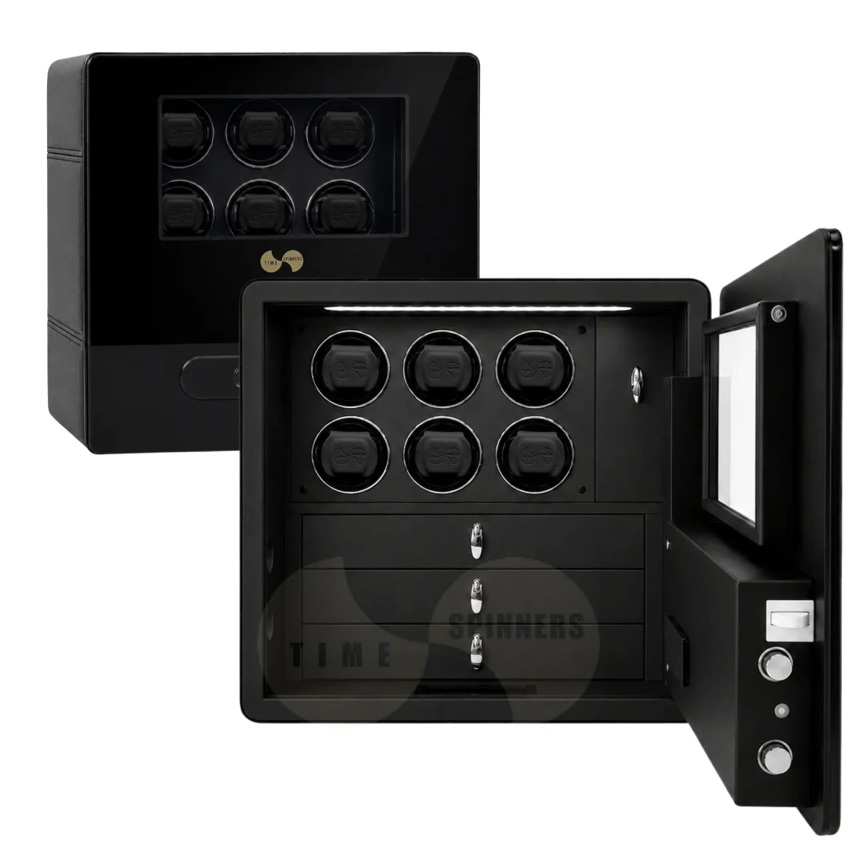 A black automatic watch winder shown in two views: one closed and one open, displaying six watch winder compartments, three drawers, and a digital control panel on the side.