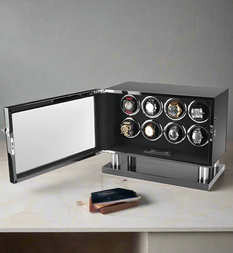 Elevate your watch collection with the EightX - Exquisite 8-Slot Watch Winder from Time Spinners. Designed with luxury and functionality in mind, this premium watch winder offers a perfect solution for keeping your automatic watches in pristine condition. With its high-quality Mabuchi motor, LCD touch screen, and smart remote control, the EightX is as stylish as it is effective, making it an essential addition to any watch enthusiast’s collection.