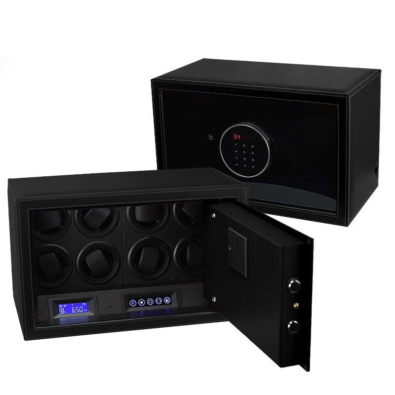 Time Spinners Prestige Secure Watch Winder Safe Box with microfiber leather exterior, silent operation below 10dB, anti-magnetization technology, and Japanese Mabuchi rotors. Features intelligent touchscreen panel, reinforced lock bolts, LED lighting, and multiple winding modes for precision and secure watch storage.