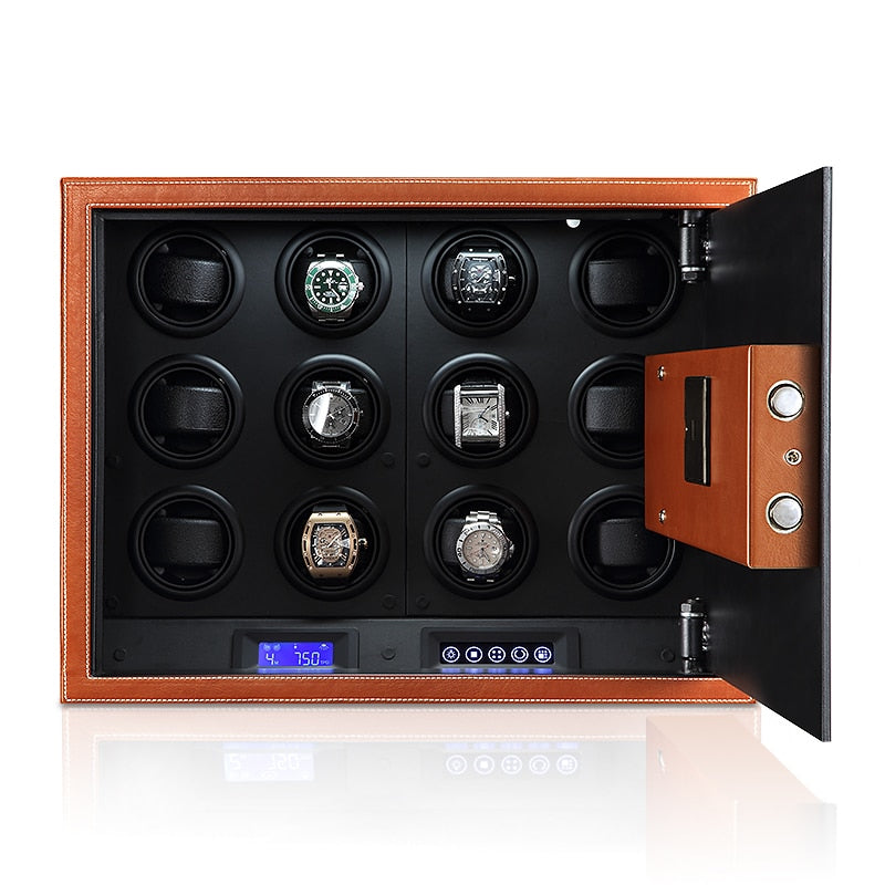 Time Spinners Prestige Secure Watch Winder Safe Box with microfiber leather exterior, silent operation below 10dB, anti-magnetization technology, and Japanese Mabuchi rotors. Features intelligent touchscreen panel, reinforced lock bolts, LED lighting, and multiple winding modes for precision and secure watch storage.