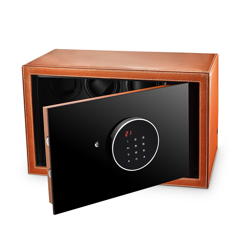 Time Spinners Prestige Secure Watch Winder Safe Box with microfiber leather exterior, silent operation below 10dB, anti-magnetization technology, and Japanese Mabuchi rotors. Features intelligent touchscreen panel, reinforced lock bolts, LED lighting, and multiple winding modes for precision and secure watch storage.