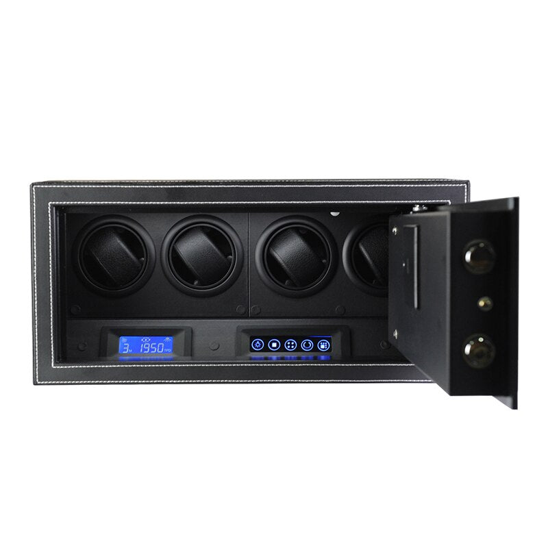 Time Spinners Prestige Secure Watch Winder Safe Box with microfiber leather exterior, silent operation below 10dB, anti-magnetization technology, and Japanese Mabuchi rotors. Features intelligent touchscreen panel, reinforced lock bolts, LED lighting, and multiple winding modes for precision and secure watch storage.