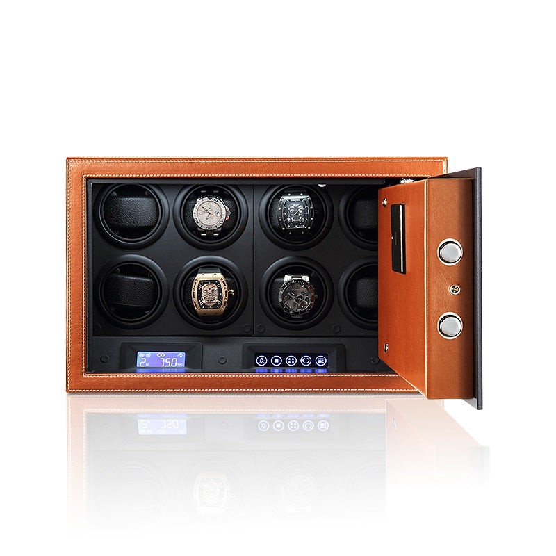 Time Spinners Prestige Secure Watch Winder Safe Box with microfiber leather exterior, silent operation below 10dB, anti-magnetization technology, and Japanese Mabuchi rotors. Features intelligent touchscreen panel, reinforced lock bolts, LED lighting, and multiple winding modes for precision and secure watch storage.