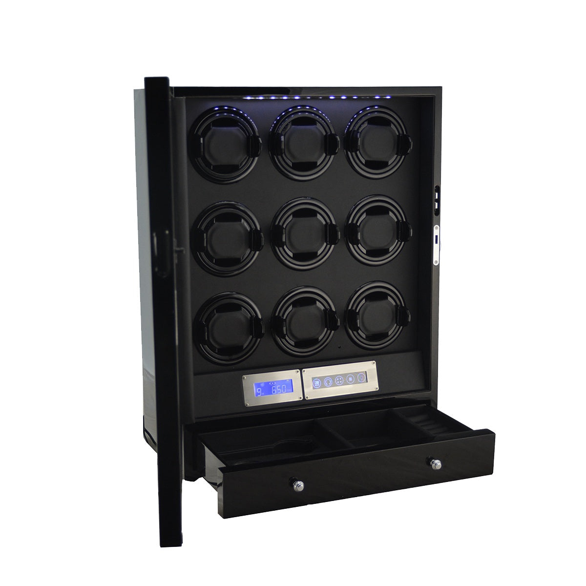 Time Spinners Helix 9-slot watch winder with drawer interior, luxury storage for automatic watches, straps, and accessories in premium piano black finish.