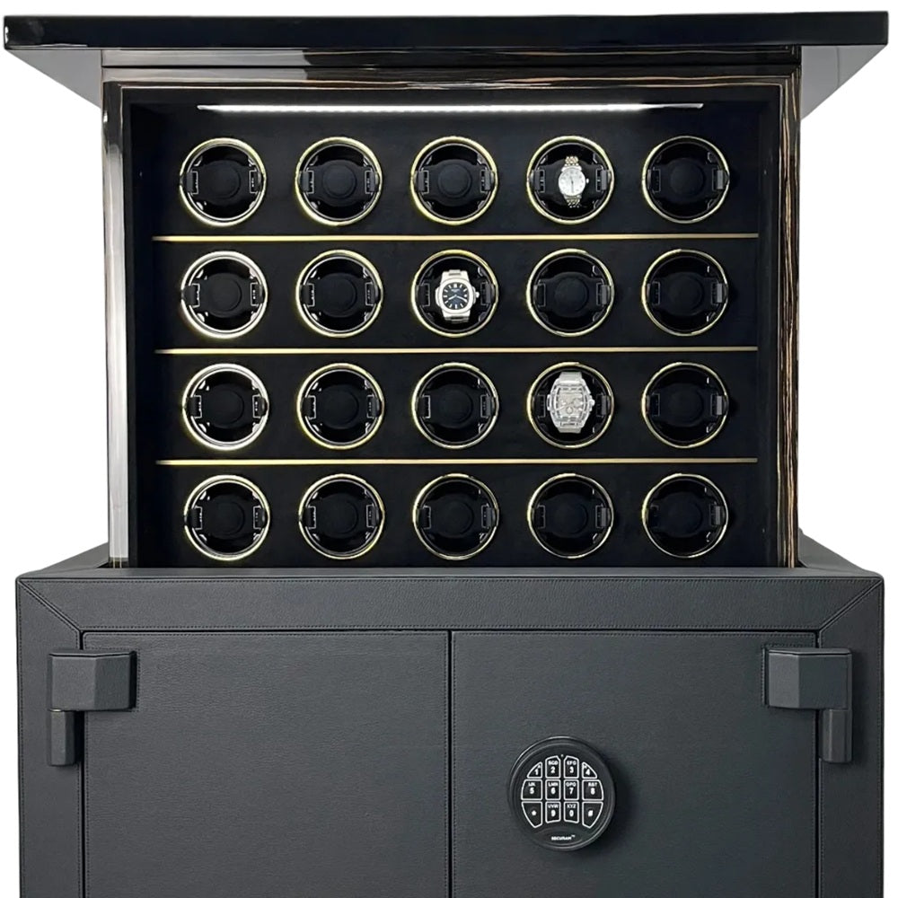 High-end automatic watch winder safe with motorized elevation and secure locking system