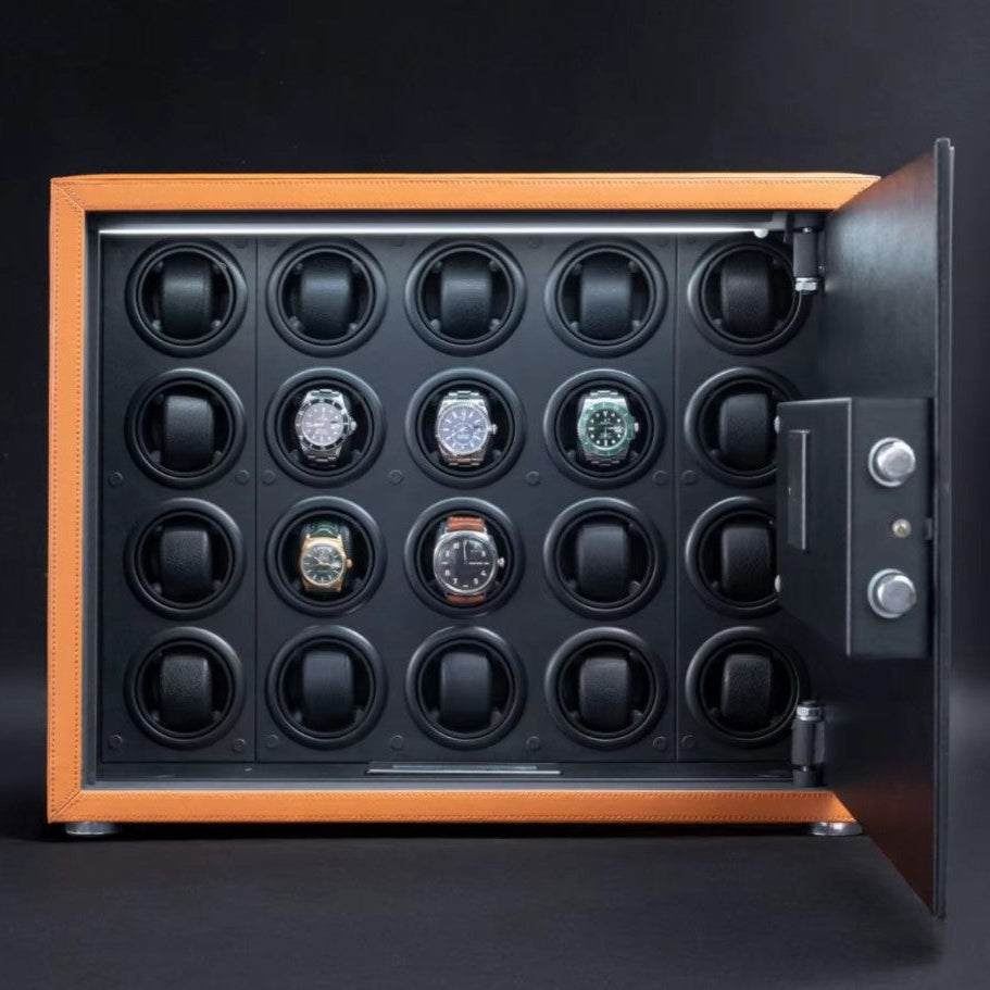 Time Spinners Prestige Secure Watch Winder Safe Box with microfiber leather exterior, silent operation below 10dB, anti-magnetization technology, and Japanese Mabuchi rotors. Features intelligent touchscreen panel, reinforced lock bolts, LED lighting, and multiple winding modes for precision and secure watch storage.