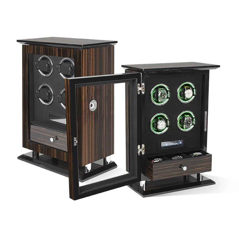 Time Spinners Chamberlain luxury automatic watch winder with fingerprint unlock, LED glow rings, touchscreen controls, and premium wood finish.