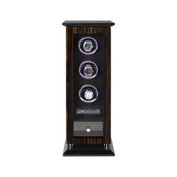 Time Spinners Chamberlain luxury automatic watch winder with fingerprint unlock, LED glow rings, touchscreen controls, and premium wood finish.