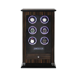 Time Spinners Chamberlain luxury automatic watch winder with fingerprint unlock, LED glow rings, touchscreen controls, and premium wood finish.