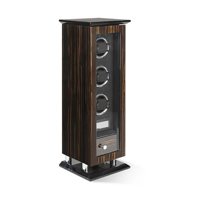 Time Spinners Chamberlain luxury automatic watch winder with fingerprint unlock, LED glow rings, touchscreen controls, and premium wood finish.