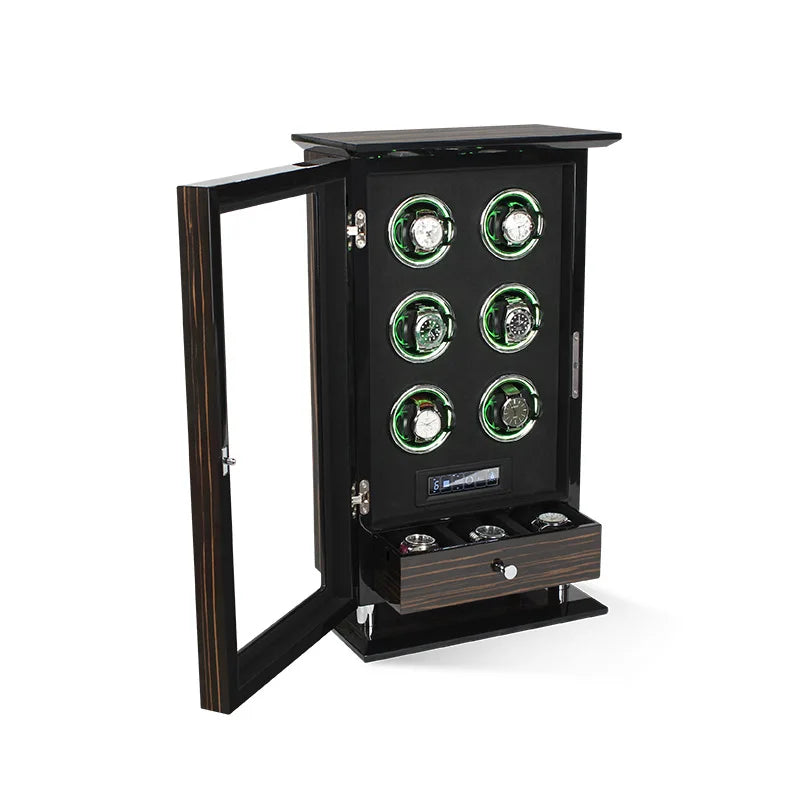 Time Spinners Chamberlain luxury automatic watch winder with fingerprint unlock, LED glow rings, touchscreen controls, and premium wood finish.